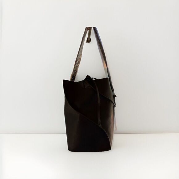 BCBG Maxazria Structured Bucket Bag Purse Black Asymmetrical Vegan Leather NWT - Picture 1 of 6